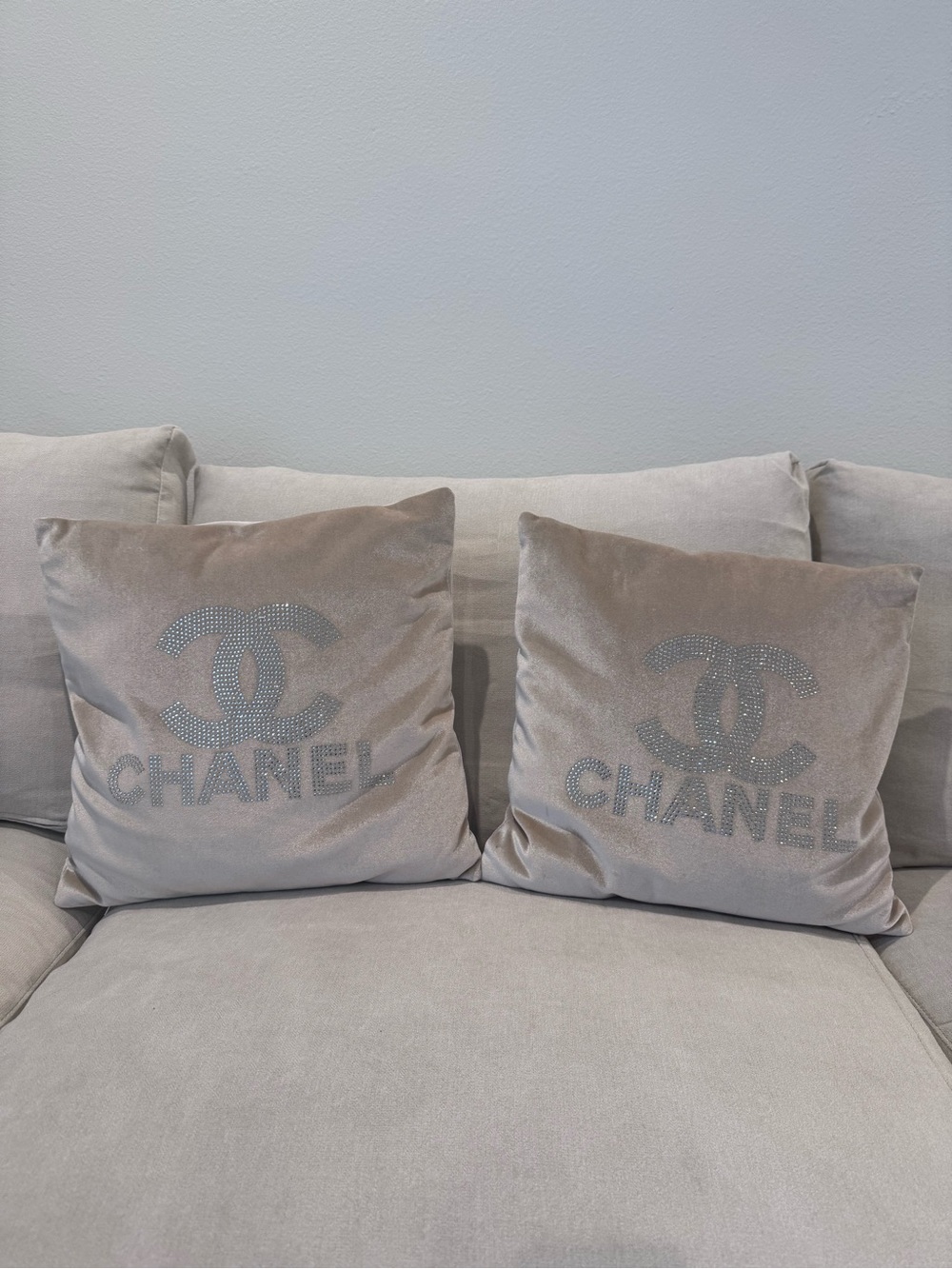 CC Beige Velvet Logo Crystal Decorative Luxury Pillow